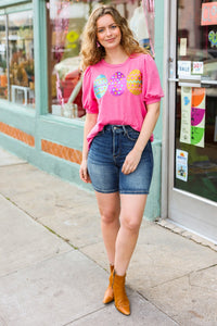 Adorable Sequin Easter Egg Terry Top in Hot Pink