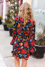 Load image into Gallery viewer, Lock Eyes Black Floral Sequin Print Ruffle Sleeve Frill Mock Neck Dress
