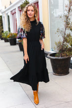 Load image into Gallery viewer, Black Floral Sequin Puff Sleeve Mock Neck Tiered Maxi Dress
