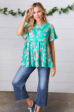 Load image into Gallery viewer, Teal Floral Frill Ruffle Hem Tiered Swing Top
