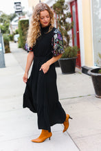 Load image into Gallery viewer, Black Floral Sequin Puff Sleeve Mock Neck Tiered Maxi Dress
