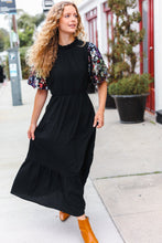 Load image into Gallery viewer, Black Floral Sequin Puff Sleeve Mock Neck Tiered Maxi Dress
