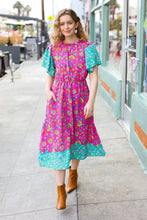 Load image into Gallery viewer, Charming Fuchsia &amp; Mint Floral Frill Mock Neck Flutter Sleeve Midi Dress
