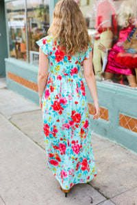 Floral Fit & Flare Maxi Dress in Aqua