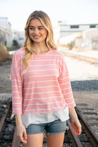 Blush Stripe Waffle Textured Back Keyhole Top