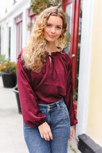 Load image into Gallery viewer, Holiday Vibes Frill Detail Tie Neck Satin Top in Burgundy
