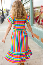 Load image into Gallery viewer, Bright Thoughts Rainbow Stripe Flutter Sleeve Fit &amp; Flare Midi Dress
