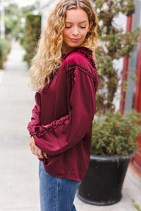 Holiday Vibes Frill Detail Tie Neck Satin Top in Burgundy