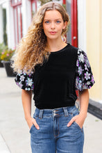 Load image into Gallery viewer, Feeling Glamorous Black Floral Sequin Puff Sleeve Velvet Top
