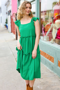 Lots To Love Smocked Flutter Sleeve Tiered Midi Dress in Kelly Green