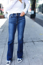 Load image into Gallery viewer, Judy Blue Dark Wash High Waist Frayed Hem Double Button Flare Jeans
