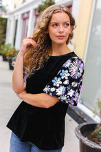 Load image into Gallery viewer, Feeling Glamorous Black Floral Sequin Puff Sleeve Velvet Top
