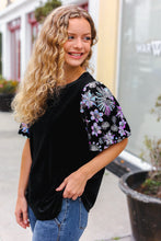 Load image into Gallery viewer, Feeling Glamorous Black Floral Sequin Puff Sleeve Velvet Top
