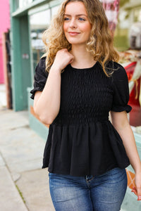 All For You Smocked Peplum Puff Sleeve Top in Black