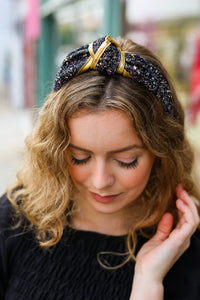Glitter Top Knot Headband in Black & Gold
