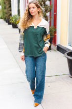 Load image into Gallery viewer, Fall For You Hunter Green Plaid Color Block Collared Terry Top
