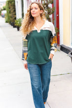 Load image into Gallery viewer, Fall For You Hunter Green Plaid Color Block Collared Terry Top
