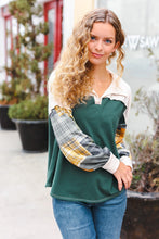 Load image into Gallery viewer, Fall For You Hunter Green Plaid Color Block Collared Terry Top
