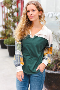 Fall For You Hunter Green Plaid Color Block Collared Terry Top