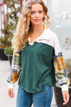 Load image into Gallery viewer, Fall For You Hunter Green Plaid Color Block Collared Terry Top
