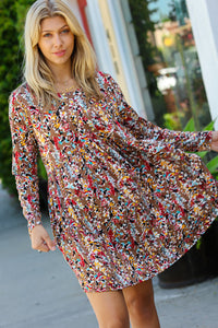 Spellbound Floral Long Sleeve Babydoll Dress in Taupe & Maroon
