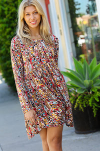 Spellbound Floral Long Sleeve Babydoll Dress in Taupe & Maroon