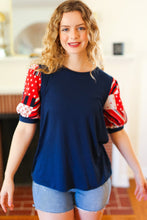 Load image into Gallery viewer, Holiday Stand-Out Navy Patriotic Patchwork Puff Sleeve Top
