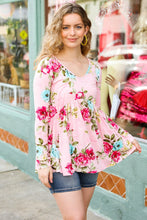 Load image into Gallery viewer, Diva Dreams Pink Floral Print V Neck Babydoll Top
