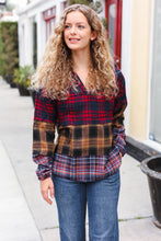 Load image into Gallery viewer, Holiday Ready Red &amp; Mustard Plaid Notched Neck Flannel Hoodie
