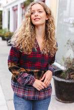 Load image into Gallery viewer, Holiday Ready Red &amp; Mustard Plaid Notched Neck Flannel Hoodie
