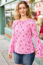 Load image into Gallery viewer, Make You Smile Pink Stripe &amp; Cherries Bell Sleeve Top
