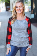 Load image into Gallery viewer, Adorable Red &amp; Grey Striped Plaid Longline Raglan Top
