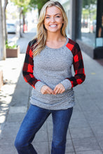 Load image into Gallery viewer, Adorable Red &amp; Grey Striped Plaid Longline Raglan Top
