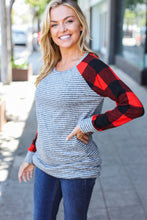 Load image into Gallery viewer, Adorable Red &amp; Grey Striped Plaid Longline Raglan Top
