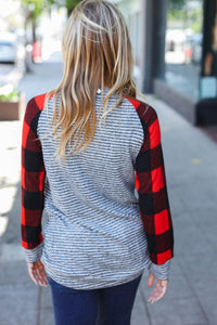 Adorable Red & Grey Striped Plaid Longline Raglan Top