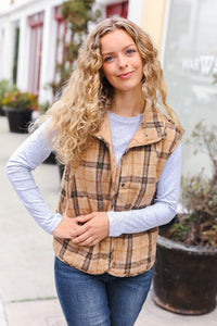 Layer Up Taupe Plaid Snap Button Quilted Puffer Vest