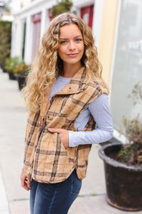 Layer Up Taupe Plaid Snap Button Quilted Puffer Vest