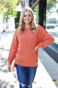 Cozy Days Mineral Wash Rib Knit Hoodie in Rust