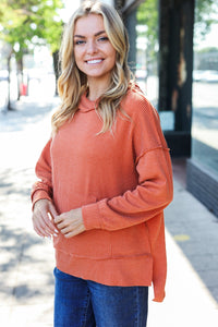 Cozy Days Mineral Wash Rib Knit Hoodie in Rust