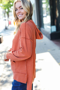 Cozy Days Mineral Wash Rib Knit Hoodie in Rust