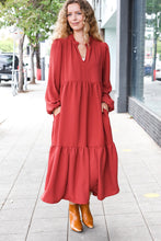 Load image into Gallery viewer, Lock Eyes Notched Neck Frill Hem Tiered Maxi Dress in Spice
