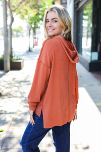 Cozy Days Mineral Wash Rib Knit Hoodie in Rust