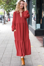 Load image into Gallery viewer, Lock Eyes Notched Neck Frill Hem Tiered Maxi Dress in Spice
