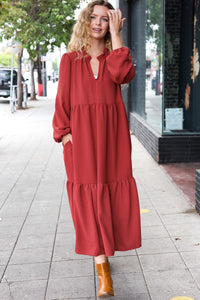 Lock Eyes Notched Neck Frill Hem Tiered Maxi Dress in Spice