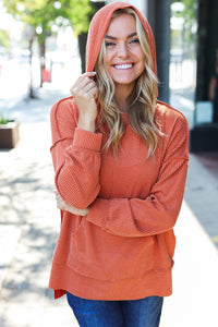 Cozy Days Mineral Wash Rib Knit Hoodie in Rust