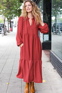 Lock Eyes Notched Neck Frill Hem Tiered Maxi Dress in Spice