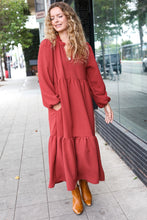 Load image into Gallery viewer, Lock Eyes Notched Neck Frill Hem Tiered Maxi Dress in Spice
