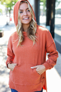 Cozy Days Mineral Wash Rib Knit Hoodie in Rust