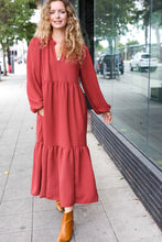 Load image into Gallery viewer, Lock Eyes Notched Neck Frill Hem Tiered Maxi Dress in Spice
