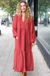 Lock Eyes Notched Neck Frill Hem Tiered Maxi Dress in Spice